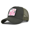 Close-up of pink flamingo patch embroidery on olive green mesh trucker hat - Adjustable / Army Green