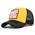 Close-up of yellow and black mesh trucker hat with pink flamingo Floater patch and stitching - Adjustable / Yellow