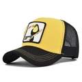 Detail of embroidered Toucan patch on yellow mesh trucker hat with contrast stitching - Adjustable / Yellow