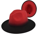 Detail van rood-zwart kleurverloop op de breedgerande Fedora-hoed van wolvilt materiaal - M (56-58cm) / Rood (2)