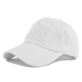 Close-up of white baseball cap featuring 3D embroidered American flag and cotton texture - White
