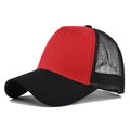 Detail of red and black trucker hat with breathable mesh back and curved brim - Black + Red