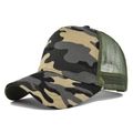 Detail view showing breathable green nylon mesh and jungle camouflage pattern on the trucker hat - Jungle Camouflage