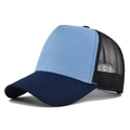 Detail of two-tone mesh trucker cap with navy brim and breathable blue fabric panel - Navy Blue And Blue