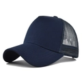 Detail of navy blue trucker hat with breathable mesh back and curved brim stitching - Navy Blue