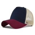 Detail view of the breathable mesh back and stitch quality on the navy trucker hat - Wine Red And Navy