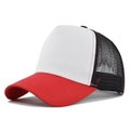 Detailed side view of the three-color拼接 trucker hat with breathable black mesh netting - Red And White