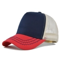 Detail of navy and red baseball cap showing premium stitching and breathable mesh - Red And Navy