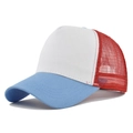 Close-up of tricolor trucker hat with white front panel, blue brim and red mesh back - Blue And White