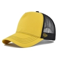 Detail view of yellow and black mesh trucker hat with contrast stitching on brim - Yellow