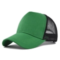 Detail view of the green cotton brim and breathable black nylon mesh of the trucker hat - Green