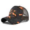 Detail view of orange camo baseball cap with brown breathable nylon mesh back - Orange Camouflage