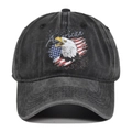 Close-up of vintage washed baseball cap featuring American eagle and flag print detail - Adjustable / Black