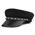 Klassische schwarze Newsboy-Mütze mit PU-Leder-Schirm und dekorativer Silberkette - M (56-58cm) / Schwarz