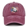 Detailed close-up of vintage American flag and eagle print on the red baseball cap - Adjustable / Burgundy