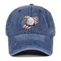 Detail shot of vintage washed blue denim baseball cap with eagle and American flag print - Adjustable / Navy Blue