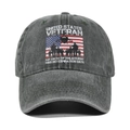 Close-up of charcoal grey veteran baseball cap showing American flag and soldier graphics - Army Green