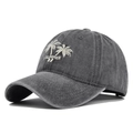 Close-up of coconut tree embroidery and Summer text on charcoal washed baseball cap - Adjustable / Gray