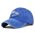 Close-up of coconut tree embroidery and Summer text on blue washed cotton baseball cap - Adjustable / Blue