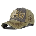 Detail of distressed army green baseball cap featuring vintage Jamont skull embroidery - Adjustable / Khaki