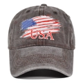 Detailed close-up of washed cotton fabric texture and USA flag print on baseball cap - Coffee
