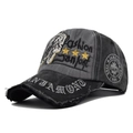 Vintage washed baseball cap in grey-black with lion patch and star embroidery - Adjustable / Black