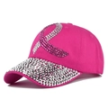 Detailed view of rose pink baseball cap with rhinestone breast cancer ribbon and glitter brim - Adjustable / Rose Red