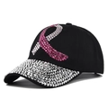 Black baseball cap with silver rhinestones on brim and pink ribbon motif for awareness - Adjustable / Black