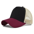 Three-color trucker hat in dark red, black and beige with breathable mesh back - Wine Red And Black
