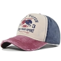 Macro shot of distressed brim details and graffiti print on the vintage baseball cap - Adjustable / Wine Red and Navy Blue