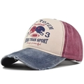 Detailed macro view of retro color-block baseball cap with vintage graffiti and worn edges - Adjustable / Navy Blue + Wine Red