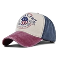 Distressed American vintage MOTO graffiti patchwork baseball cap with curved brim and print - Adjustable / Wine Red + Navy