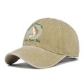 Close-up of embroidered fish patch on distressed khaki cotton baseball cap - Adjustable / Khaki