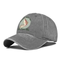 Macro view of distressed grey baseball cap with a colorful fish print and slogan - Adjustable / Gray