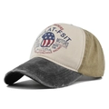 Distressed MOTO graffiti baseball cap in gray, beige, and khaki tricolor patchwork - Adjustable / Black + Khaki