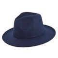 Primer plano detallado de un sombrero fedora de fieltro azul oscuro con textura suave y copa clásica - Talla 53-54 / Azul marino