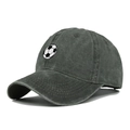 Detail of vintage washed dark gray baseball cap with soccer ball embroidery on front - Army Green