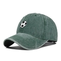 Detailed side view of washed cotton vintage baseball cap with soccer embroidery in dark green - Green