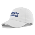Detail of blue 'WHERE DO CLOUDS GO' embroidery on white cotton twill baseball cap - White