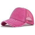 Detail of hot pink trucker hat showing distressed brim and breathable mesh texture - Adjustable / Rose Pink