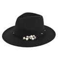 Close-up of black wool fedora featuring decorative faux pearls and golden flower accents - M (56-58cm) / Black
