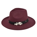 Detail of burgundy wool fedora featuring black ribbon with pearls and metal flower accents - M (56-58cm) / Burgundy