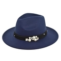 Macro detail of dark blue wool fedora hat featuring pearl and floral ribbon decor - M (56-58cm) / Navy Blue