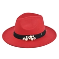 Detail of red wool fedora hat featuring black ribbon with pearls and small white flowers - M (56-58cm) / Red