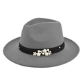 Detailed view of grey fedora hat featuring black ribbon with pearls and flower accents - M (56-58cm) / Gray