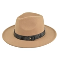Close-up of khaki wool fedora with snakeskin pattern band and golden buckle detail - M (56-58cm) / Jazz Hat (BF174-8) / Khaki