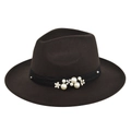 Close-up of dark brown wool fedora hat with pearls and floral metal accents on band - M (56-58cm) / Coffee