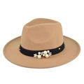 Detail of khaki wool fedora hat with black band featuring pearls and floral accents - M (56-58cm) / Khaki