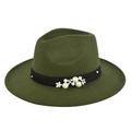 Olive green wide brim fedora hat with wool felt texture and pearl floral decoration - M (56-58cm) / Army Green