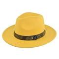 Detailed macro view of yellow wool felt fedora with snake print band and golden metal stud - M (56-58cm) / Jazz Hat (BF174-12) / Yellow